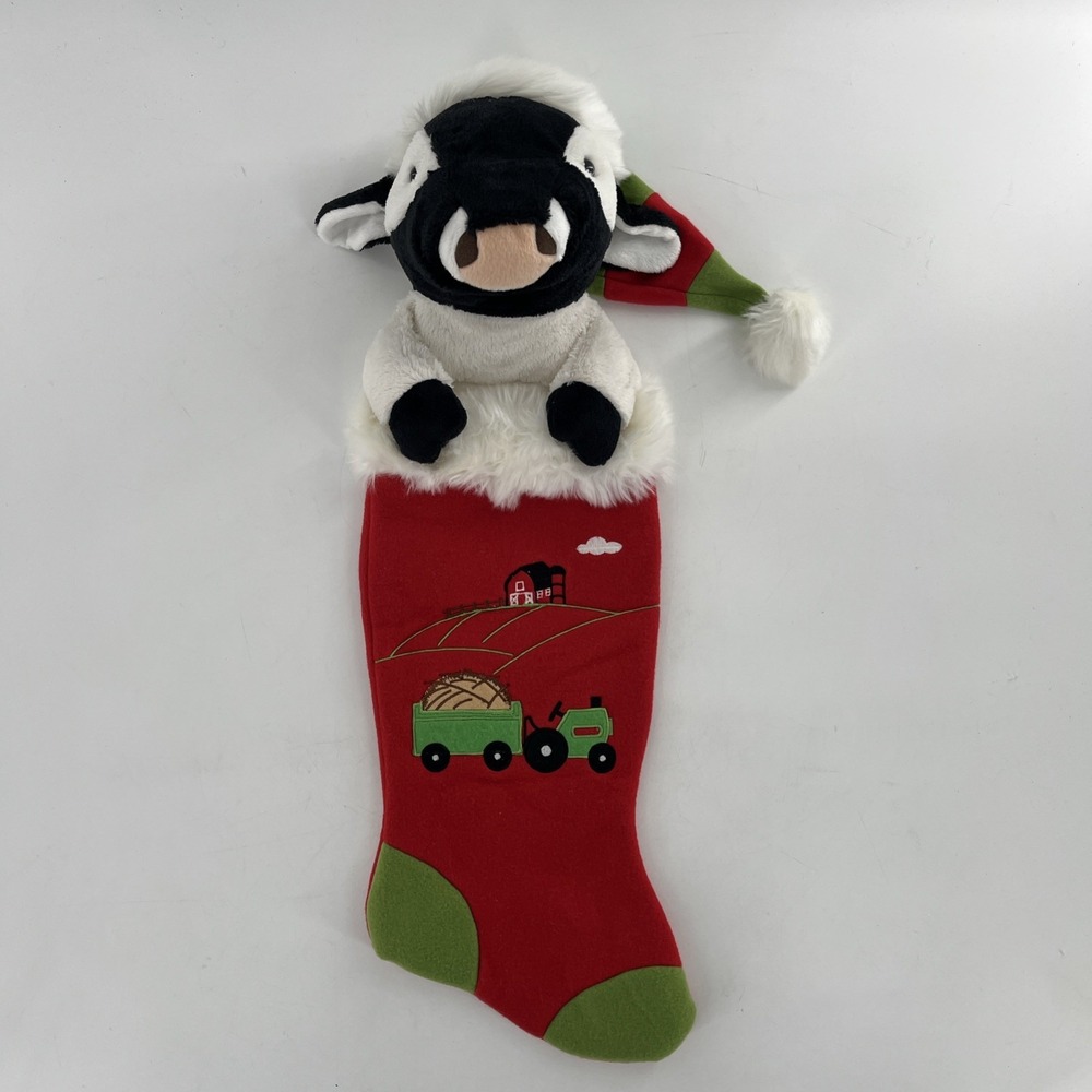Cow 3D Plush Christmas Stocking Santa Hat Barn Tractor Applique Embroidered, 28"
